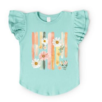 Daisies Stripes Faux Paint - Flutter Sleeve Graphic T-Shirt