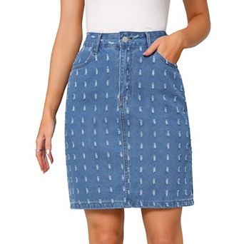 Women's Jean Skirts High Waist Swiss Dots Distressed Above Knee Length Denim Skirt