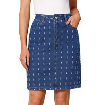 Women's Jean Skirts High Waist Swiss Dots Distressed Above Knee Length Denim Skirt