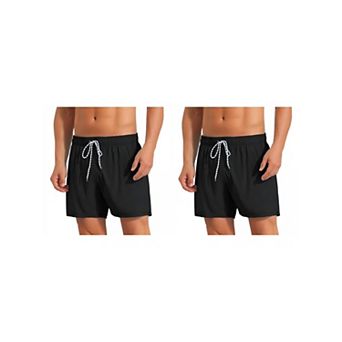 2 Packs Solid Board Shorts for Men's Drawstring Waist Stretch Liner Pool Beach Shorts