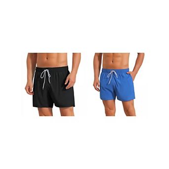 2 Packs Solid Board Shorts for Men's Drawstring Waist Stretch Liner Pool Beach Shorts