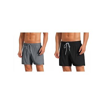 2 Packs Solid Board Shorts for Men's Drawstring Waist Stretch Liner Pool Beach Shorts