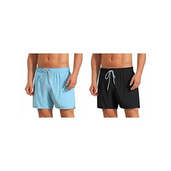 2 Packs Solid Board Shorts for Men's Drawstring Waist Stretch Liner Pool Beach Shorts