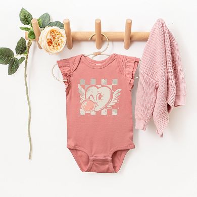 Heart Bubblegum Checkered - Baby Flutter Sleeve Bodysuit