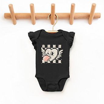 Heart Bubblegum Checkered - Baby Flutter Sleeve Bodysuit