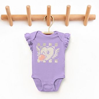 Heart Bubblegum Checkered - Baby Flutter Sleeve Bodysuit