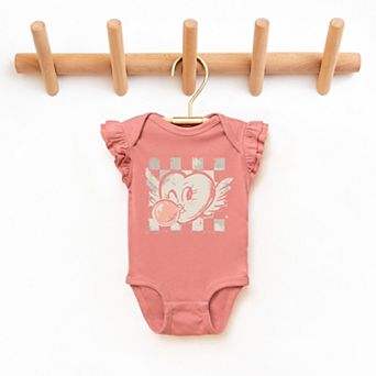 Heart Bubblegum Checkered - Baby Flutter Sleeve Bodysuit