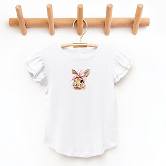 Watercolor Coquette Bunny - Flutter Sleeve Graphic T-Shirt