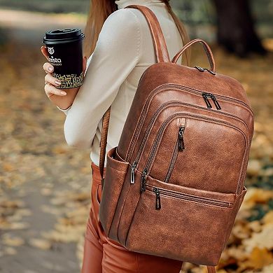 AKSZRI Leather Laptop Backpack for Women - 6 Compartment Travel & Work Backpack Purse