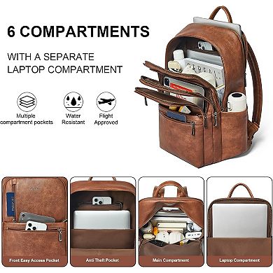 AKSZRI Leather Laptop Backpack for Women - 6 Compartment Travel & Work Backpack Purse