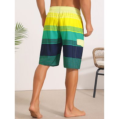 2 Packs Colorblock Striped Swimming Shorts for Men's Adjustable Drawstring Vacation Board Shorts
