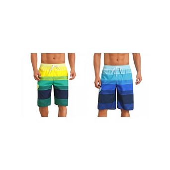 2 Packs Colorblock Striped Swimming Shorts for Men's Adjustable Drawstring Vacation Board Shorts