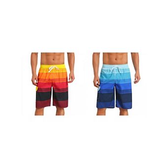 2 Packs Colorblock Striped Swimming Shorts for Men's Adjustable Drawstring Vacation Board Shorts