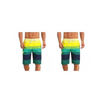 2 Packs Colorblock Striped Swimming Shorts for Men's Adjustable Drawstring Vacation Board Shorts