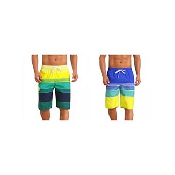 2 Packs Colorblock Striped Swimming Shorts for Men's Adjustable Drawstring Vacation Board Shorts