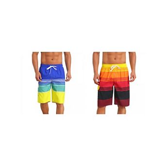2 Packs Colorblock Striped Swimming Shorts for Men's Adjustable Drawstring Vacation Board Shorts