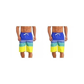 2 Packs Colorblock Striped Swimming Shorts for Men's Adjustable Drawstring Vacation Board Shorts