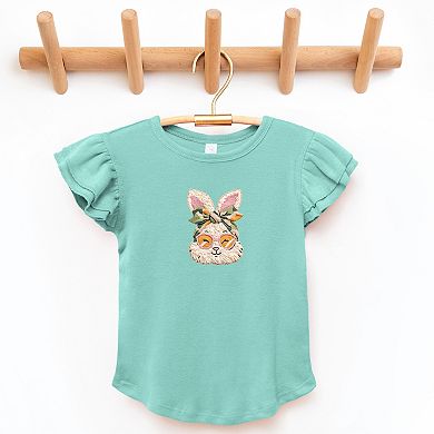 Bunny Face Yarn Print - Flutter Sleeve Graphic T-Shirt