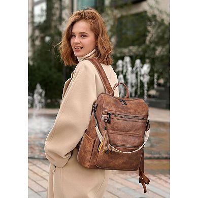 AKSZRI Women's Leather Laptop Backpack-15.6" Water-Resistant Travel&Work Purse Backpack