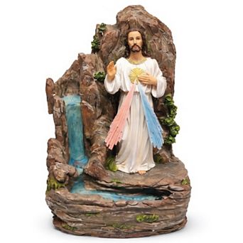18"H White Divine Mercy Statue Standing Jesus with Red‑Blue Rays and Cascading Bowls