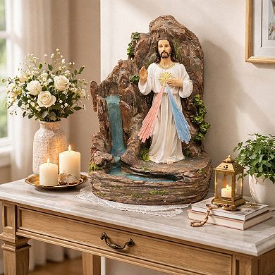 18"H White Divine Mercy Statue Standing Jesus with Red‑Blue Rays and Cascading Bowls