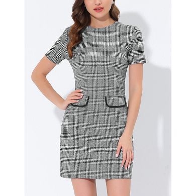 Work Dress for Women Short Sleeve Vintage Houndstooth Above the Knee Dresses