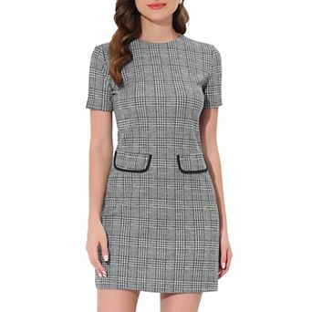 Work Dress for Women Short Sleeve Vintage Houndstooth Above the Knee Dresses