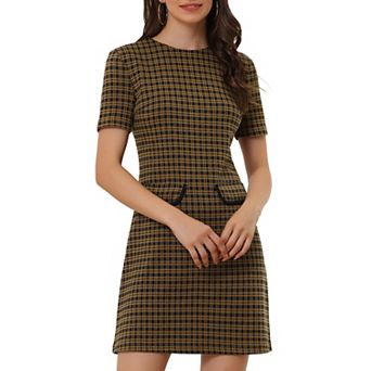 Work Dress for Women Short Sleeve Vintage Houndstooth Above the Knee Dresses