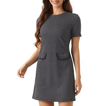 Work Dress for Women Short Sleeve Vintage Houndstooth Above the Knee Dresses