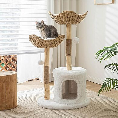 AKSZRI 46.5"Cat Tree for Large Cats-Wooden Tower with Scratching Posts&Luxury Condo,White