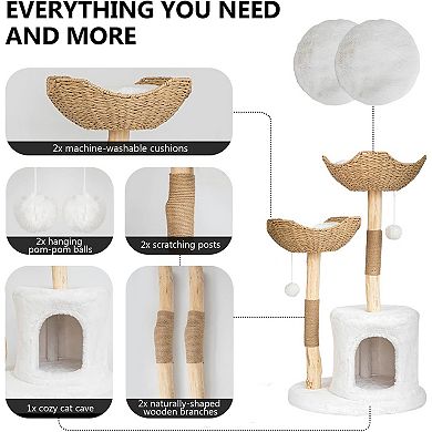 AKSZRI 46.5"Cat Tree for Large Cats-Wooden Tower with Scratching Posts&Luxury Condo,White