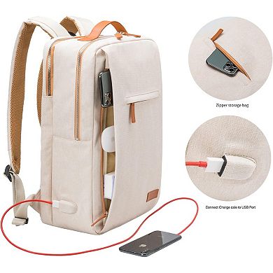 AKSZRI 15.6" Laptop Backpack - Waterproof USB Travel Daypack & Carry-On, Beige
