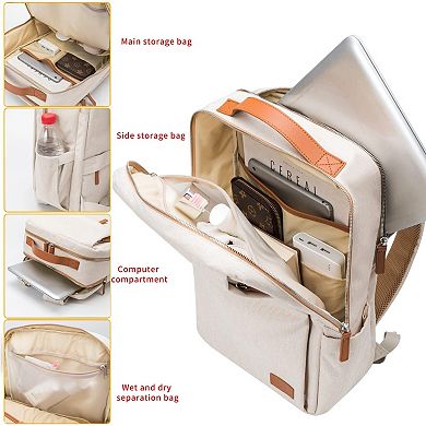 AKSZRI 15.6" Laptop Backpack - Waterproof USB Travel Daypack & Carry-On, Beige