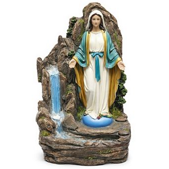 18"H White and Blue Devotional Mary Fountain - Standing Virgin with Cascading Bowls Design