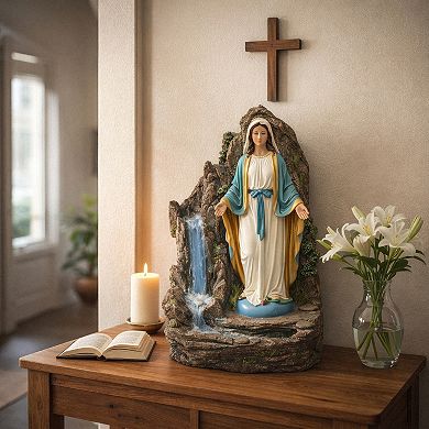 18"H White and Blue Devotional Mary Fountain - Standing Virgin with Cascading Bowls Design