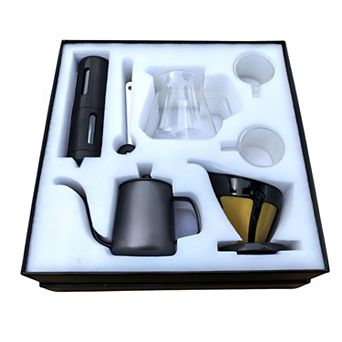 All-in-One Pour-Over Coffee Brewing Set with Manual Grinder, Gooseneck Kettle, Glass Carafe, Dripper