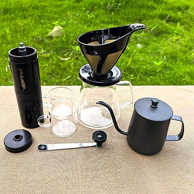 All-in-One Pour-Over Coffee Brewing Set with Manual Grinder, Gooseneck Kettle, Glass Carafe, Dripper