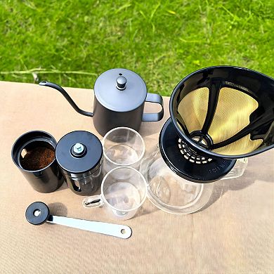 All-in-One Pour-Over Coffee Brewing Set with Manual Grinder, Gooseneck Kettle, Glass Carafe, Dripper