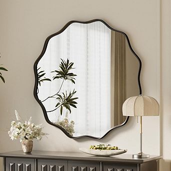 KSIZUIS Scalloped Edge Round Mirror - 24" Black Textured Metal Frame with Tempered Glass