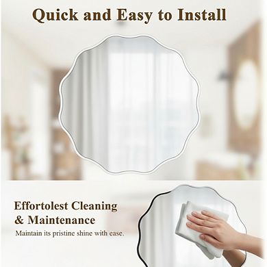 KSIZUIS Scalloped Edge Round Mirror - 24" Black Textured Metal Frame with Tempered Glass