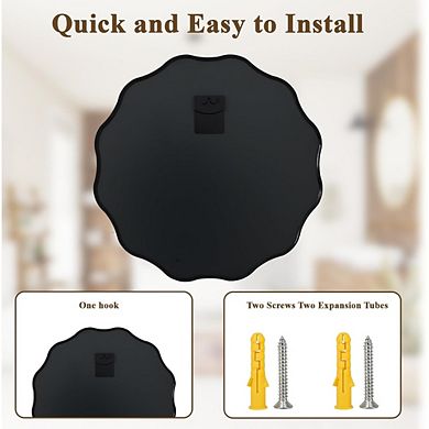 KSIZUIS Scalloped Edge Round Mirror - 24" Black Textured Metal Frame with Tempered Glass