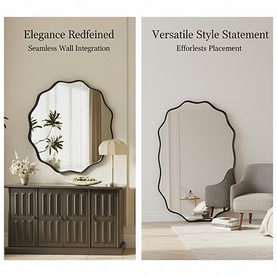 KSIZUIS Scalloped Edge Round Mirror - 24" Black Textured Metal Frame with Tempered Glass