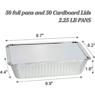 Great Ambitions 50-Pack 8.5"x6" Aluminum Pans with Lids, Disposable Takeout Containers
