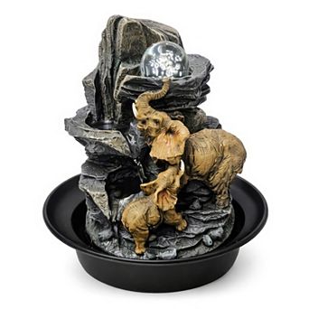 12"H Black and Gray Elephant Fountain - Faux Rock with Orb and Elephant Cascading Bowls
