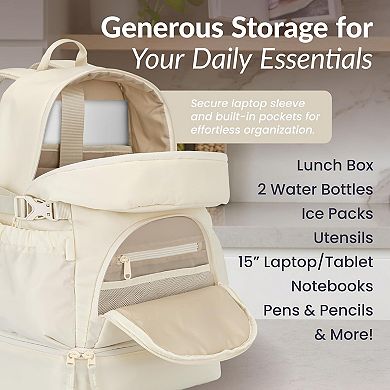 AKSZRI 2-in-1 Backpack&Insulated Lunch Bag-Lightweight, Water-Resistant, Laptop Sleeve, Bone Color