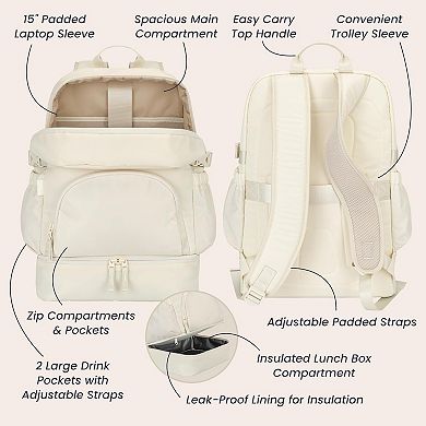 AKSZRI 2-in-1 Backpack&Insulated Lunch Bag-Lightweight, Water-Resistant, Laptop Sleeve, Bone Color