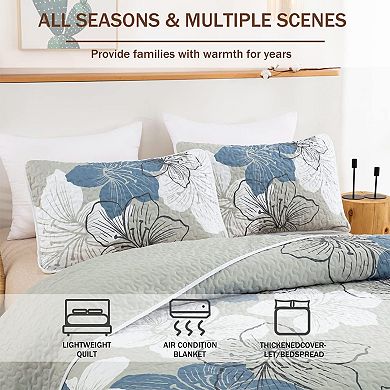 3 Pieces Quilt Set Queen Floral Pattern Coverlet Elegant Boho Bedspread with 2 Pillow (90"x96")