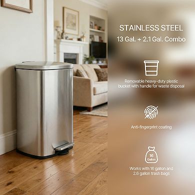 13 +2.1 Gal./50+8 Liter Oval Shape Stainless Steel Step-on Trash Can for Kitchen and Bathroom
