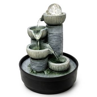 12"H Black and Gray Modern Column Fountain - Vertical Grooved Basins Cascading Bowls