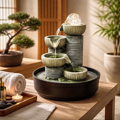 12"H Black and Gray Modern Column Fountain - Vertical Grooved Basins Cascading Bowls